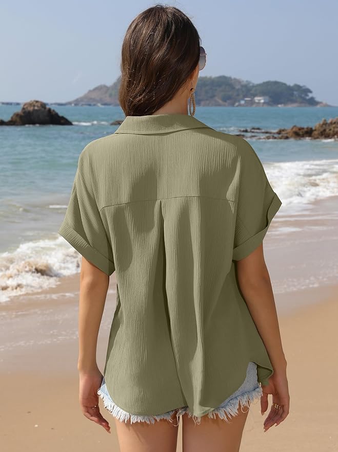 Womens Button Down Shirt Casual Short Sleeve Collared Work Blouse with Pocket