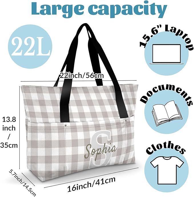 Custom Tote Bag for Women with Name Monogram for Work, Shopping, Travel, Beach