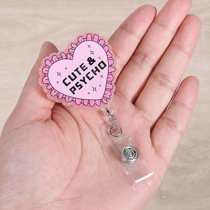 Cute & Psycho Funny Nurse Badge Reel, Pink Retractable ID Card Badge Holder, Name Tag Medical Badge Buddy for RN MA CNA PCA OB/GYN Pediatric Nurse Student Healthcare Friends Workers, Coworker Gifts