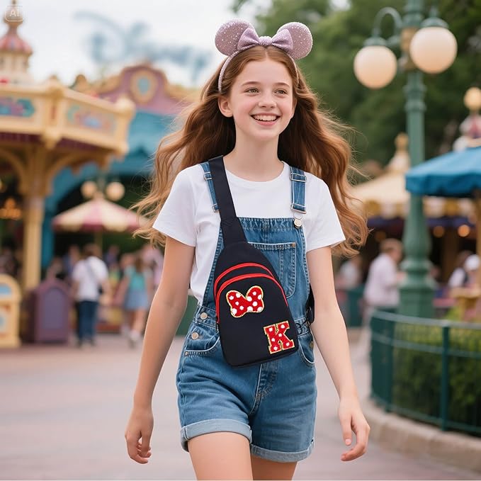 7 8 9 10 11 12 13 14 Year Old Girl Birthday Gifts, Black Initial Bow Mouse Park Small Sling Bag for Girls Daughter Women, Teen Girl Gifts Trendy Stuff Crossbody Fanny Pack Must Haves for Park Travel K