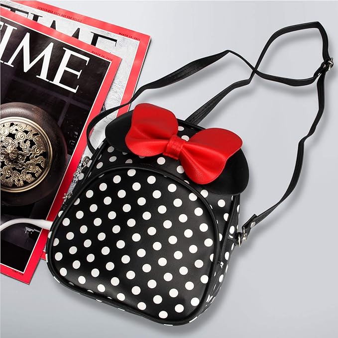 Voikukka Mini Mouse Backpacks for Toddler Girls Small Kids Backpack Black Leather Travel Bag Childrens Purse Cute Toddler Backpack for Girl Gift Girl Polka Dot Bag