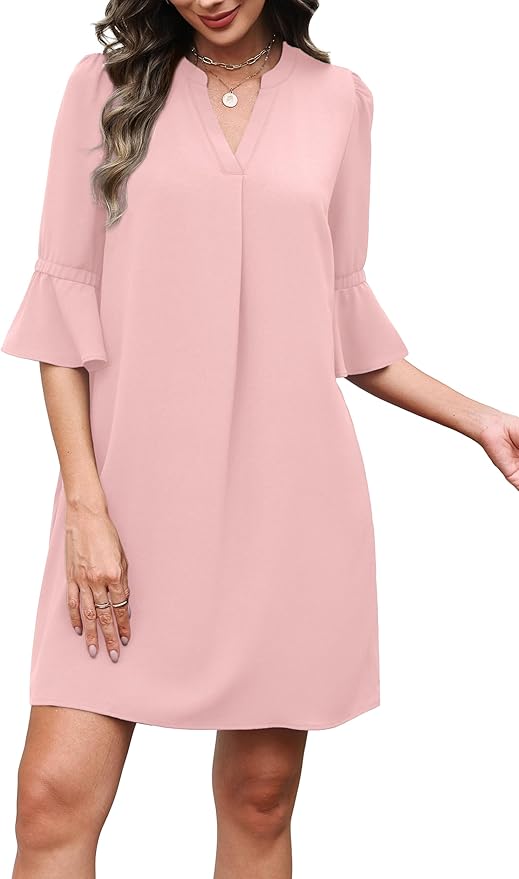 RUMIA Shift Dress for Women V Neck Ruffle Short Sleeve Loose Casual Summer Dress
