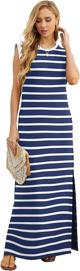 GRECERELLE 2026 Women Year-Round Casual Round Neck Loose Split Wrinkle-Free Long Maxi Vacation Dress with Pockets (XXS-4XL)