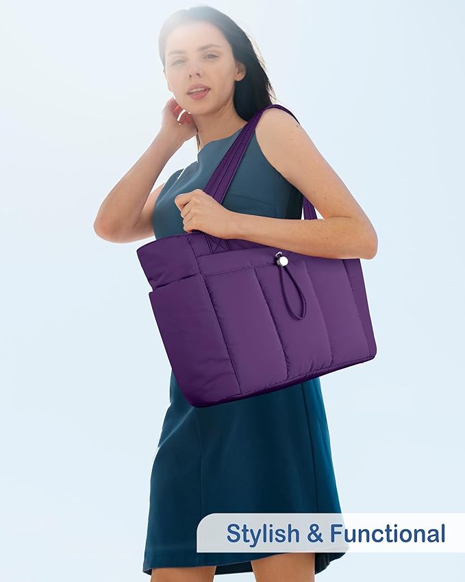TOPDesign Puffy Tote Bag for Women with Cup Holder & Laptop Compartment & Cosmetic Bag & Trolley Sleeve for Work, Travel