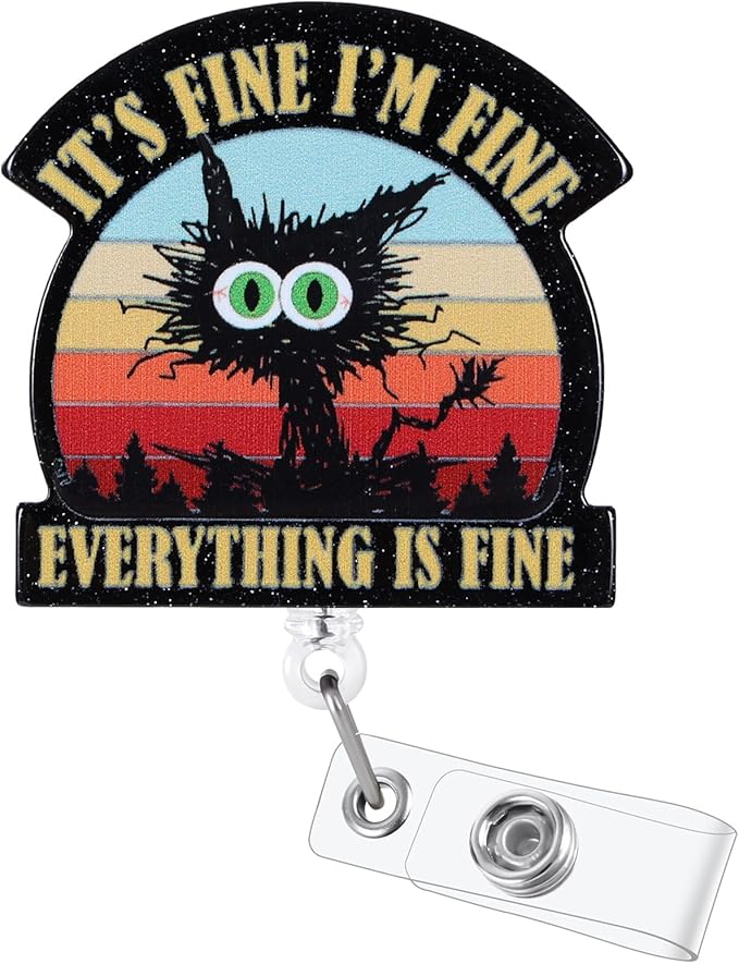 It's Fine I'm Fine Everything is Fine Funny Badge Reel, ID Badge Holder with Retractable Clip, Cute Cat Badge Clip for RN CNA LPN LVN Hospital Medical Worker Doctor Teacher Nursing Student