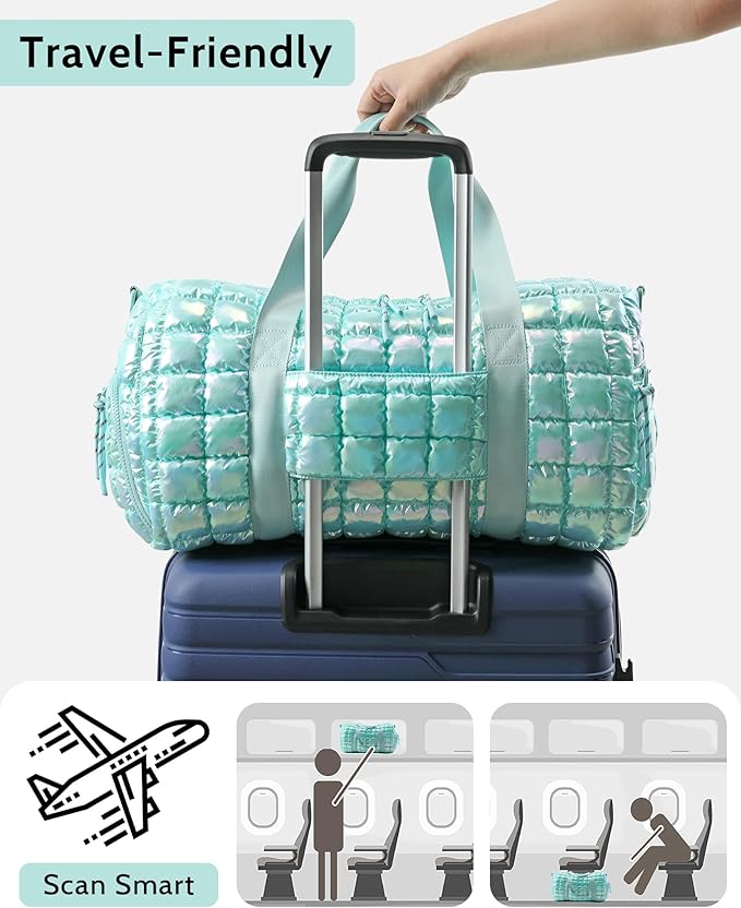 Quilted Duffel Bag for Women, Puffer Gym Duffle Bag with Shoe Compartment Lightweight Large Crossbody Sport Travel Bag Tote Blue Glacier