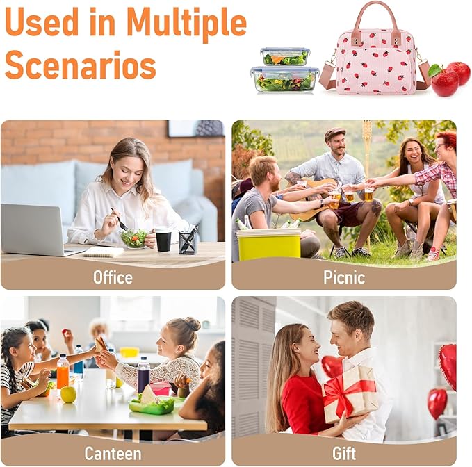 Lunch Bag Large Insulated Lunch Box for Women Adult Cute Pink Strawberry Lunchbox Corduroy Lunch Bags Boxes Pail with Shoulder Strap for Work Mom Picnic Office Travel 11.4×6.8×9.1 inches 11.5L