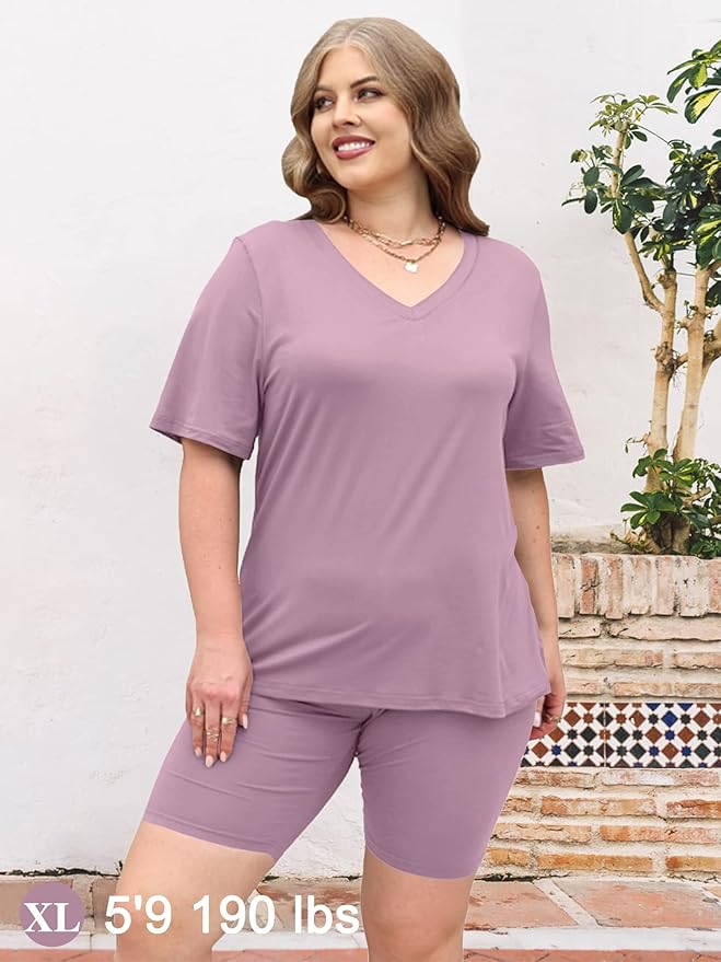 AGSEEM Two Piece Outfits For Women Summer V Neck T-Shirt Tops Biker Shorts Workout Sports Tracksuit