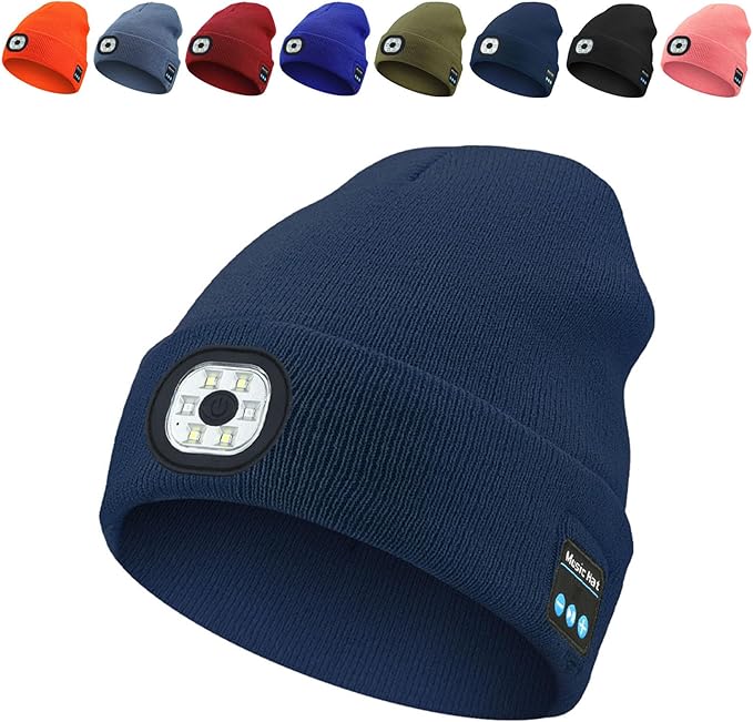 Bluetooth Beanie with LED Light & Removable Speakers, USB Rechargeable Bluetooth Beanie Hat with Light,for Men Husband Teen