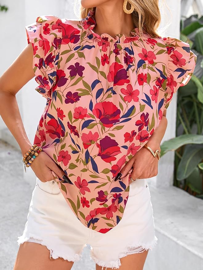 PRETTYGARDEN Women's Ruffle Short Sleeve Summer Tops 2026 Trendy Floral Trim Neck Casual Dressy Chiffon Boho Blouses Shirts