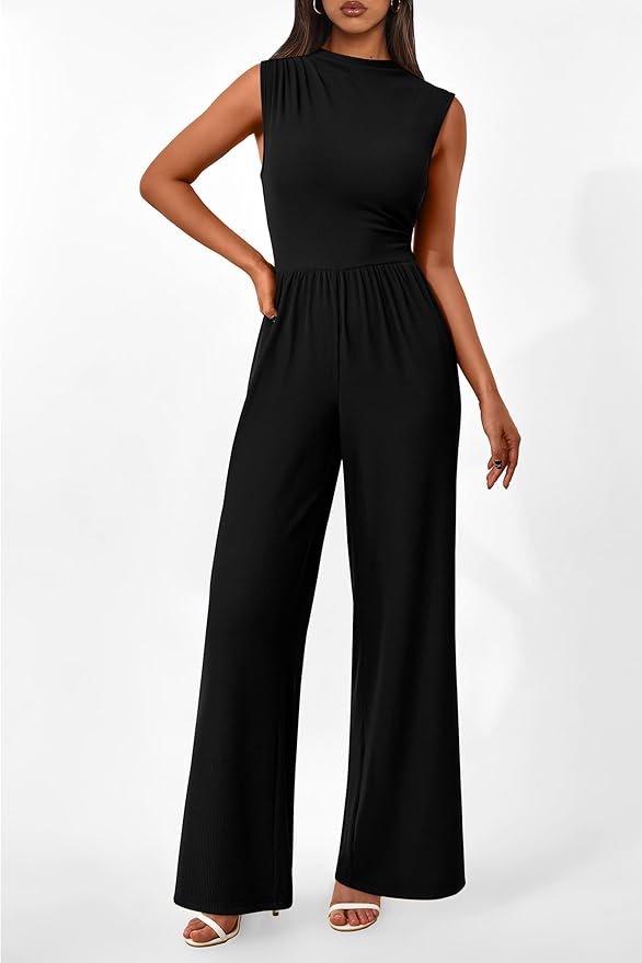 PRETTYGARDEN Womens Summer Jumpsuits Dressy Casual One Piece Outfits Sleeveless Mock Neck Wide Leg Pants Rompers with Pockets