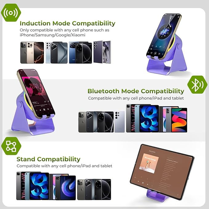 Wireless Induction Speaker, 4 in1 Phone Stand Bluetooth Speaker Amplifier with Colorful Ambient Light 360° Rotation Holder for Tablet iPhone Android,Portable Gifts for Adults Teens (Purple)