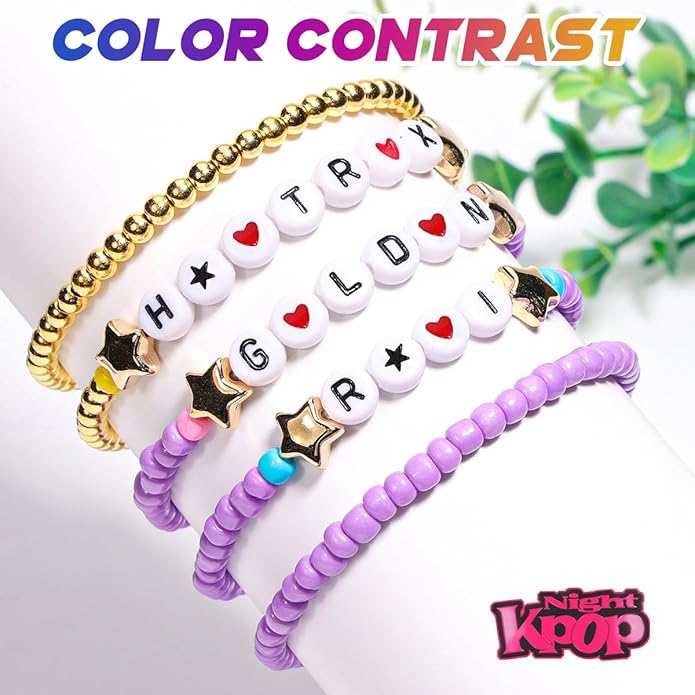 AICase for Korea-Pop Merch Gifts Toys Golden Inspired Bracelets 5 Pcs Stackable Stretch Flower Beaded Bracelets Costume Outfit Merchandise Jewelry Gifts for Fans Christmas Stocking_3110
