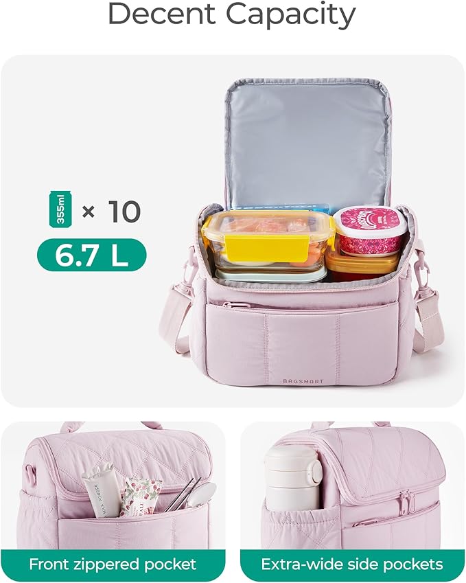 BAGSMART Insulated Lunch Bags for Women, Cute Quilted Lunch Box, Lightweight Puffy Padded Waterproof Lunch Tote, Reusable Lunch Cooler for Work Picnic Travel, Dark Pink
