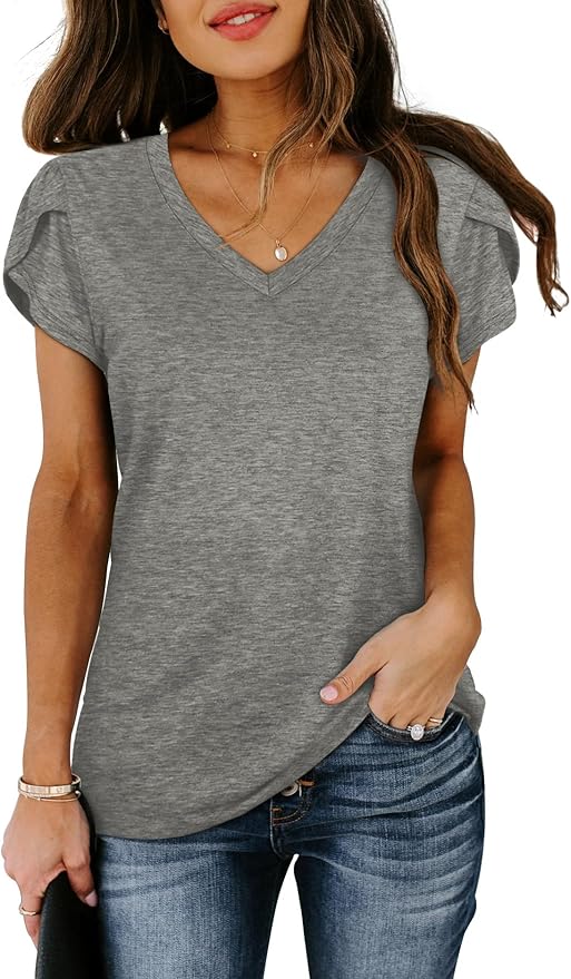 WIHOLL Womens Tops V Neck Summer Petal Sleeve Casual Tshirts