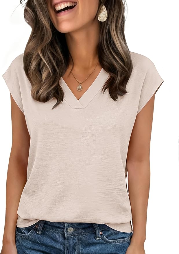 Zeagoo Womens Tops Cap Short Sleeve Textured Blouse V Neck Summer Spring Shirts Business Casual Outfits
