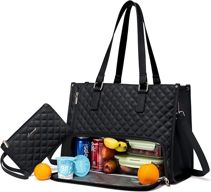 LOVEVOOK Lunch Tote Bag for Women, 17.3 Inch Laptop Bag with Insulated Lunch Compartment, Quilted Large Capacity Computer Handbag with Purse for Business, Work, Nurse, Office, Collage, Casual, Black