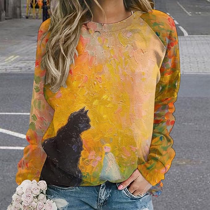 Spatofa Womens novelty funny cat printed crewneck sweatshirt casual loose long sleeve graphic pullover sweatshirts tops