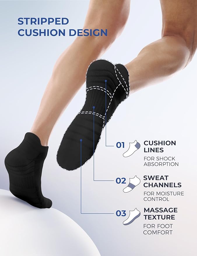 CS CELERSPORT 6 Pack Athletic Running Ankle Socks, Cotton Low Cut Cushioned Anti-Blister Tab Sports Socks Men Women