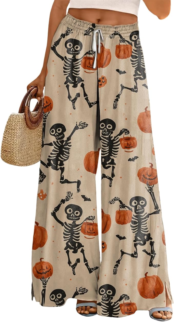 domirica Halloween Pants Women Drawstring Elastic Waist Wide Leg Pants Ladies Pumpkin Ghost Pajama Vintage Street Wear