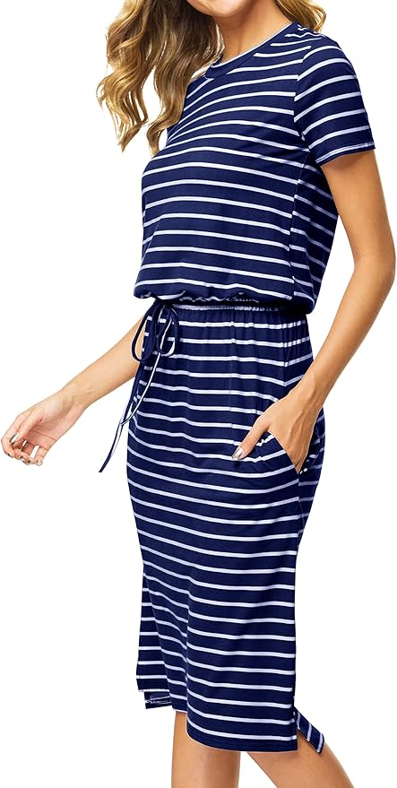 Simier Fariry Womens Spring Hide Belly Knee Length Travel Dress Pocket Summer Short Sleeve Midi Work Casual Outfits
