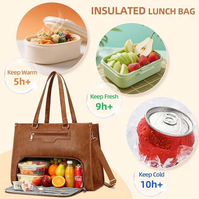 KKXIU Lunch Tote Bag for Women - 15.6" Ladies Work Tote, Laptop Purse with Insulated Lunch Compartment, Quilted Computer Handbag with Large Capacity for Work, Office, Nurse, Teacher (Brown)