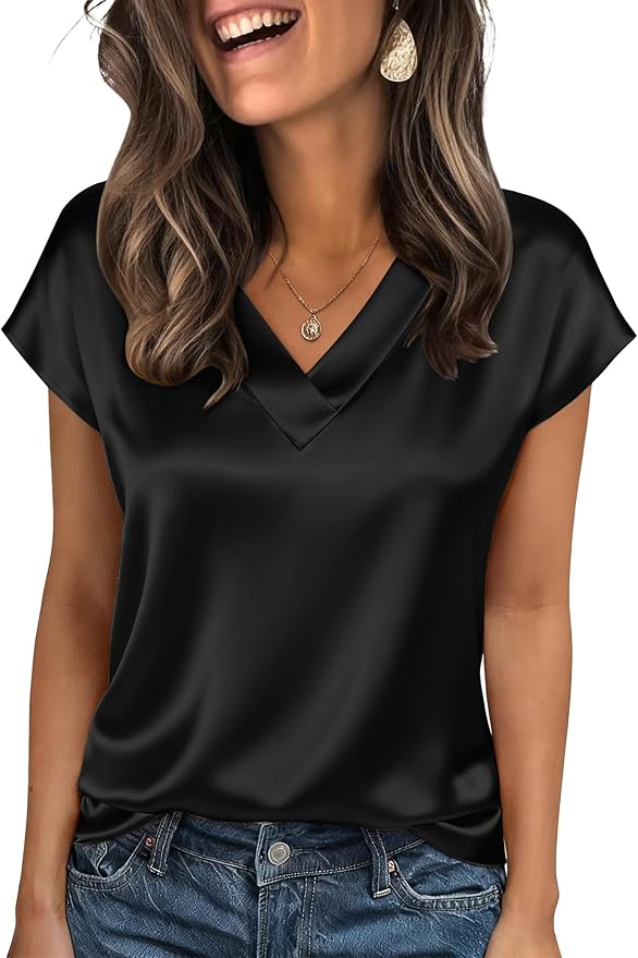 Zeagoo Women Silk Satin Tops Cap Short Sleeve Blouse V Neck Shirts Business Casual Outfits S-2XL