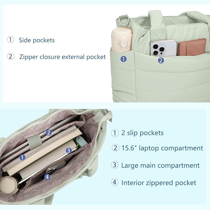 Tote Bag for Women Puffer Work Tote Handbag Large Quilted Nurse Bag with Zipper for Travel
