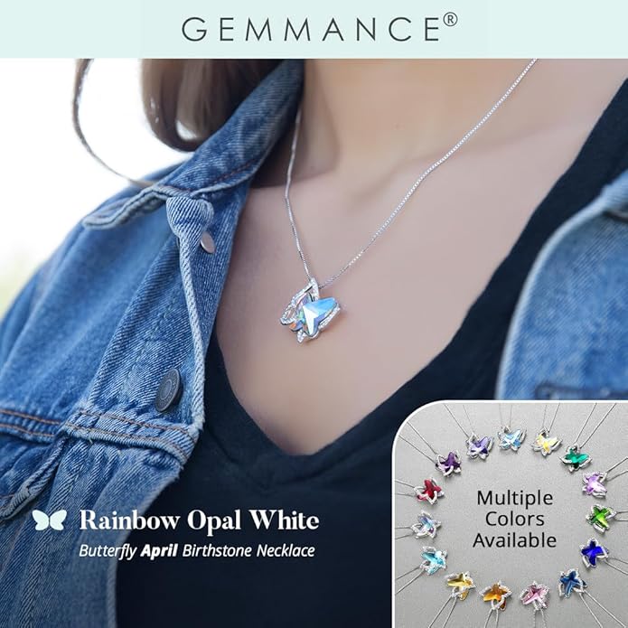 GEMMANCE Gift Butterfly Birthstone Crystal Necklace, Silver Tone with 18”+2” Chain, Necklace for Mother’s Day Anniversary Birthday Gifts for Women and Daughter, Valentine's Day