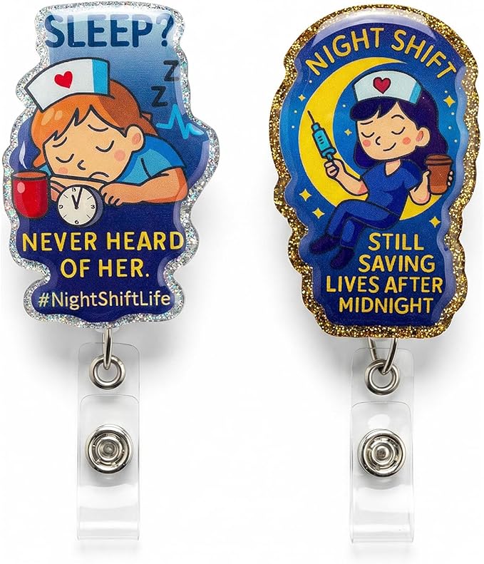 Night Shift Nurse Badge Reel Retractable 2 Pack - Funny Glitter Sleep? ID Name Tag Holder for NOC RN LPN - Cute Labor and Delivery Nurse Accessories - Midwife & ER Nursing Gifts for Work
