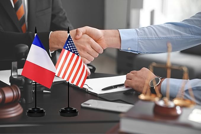 USA American & France French Desk Flags, US France Office Table Flag, Small Mini Miniature French and US Desktop Flag With 13" Solid Black Pole, Black Base