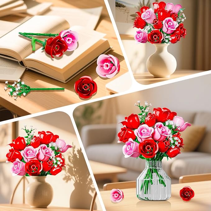 HOGOKIDS Flowers Bouquet Building Set with Lights - 16 Roses Bouquet Botanical Building Blocks Artificial Red Roses Flower for Home Decor Birthday Valentines Gifts for Adults Girl - 387PCS (Pink)
