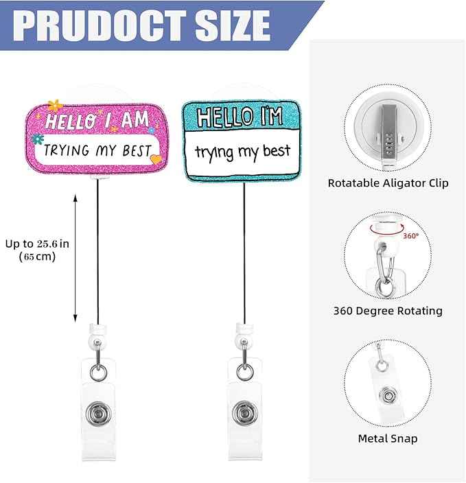 2 Pcs Hello I'm Trying My Best Acrylic Name Badge Clip - Retractable ID Holder with Alligator Clip& Nylon Cord | AcrylicClip for Nurse Nurses Office Worker Teacher Student