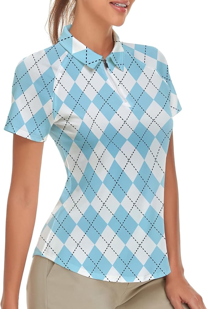 Women's Golf Shirt Short Sleeve Tennis Shirt Quarter Zip Golf Pullover Golf Polo Shirts Argyle Tops