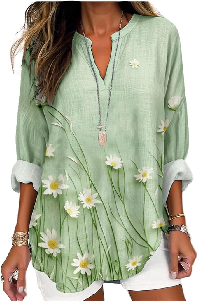 MARSVOVO V Neck Shirt For Women Boho Multi Style Blouse Long Sleeve Novelty Graphic Plus Size Pullover Tops For Women