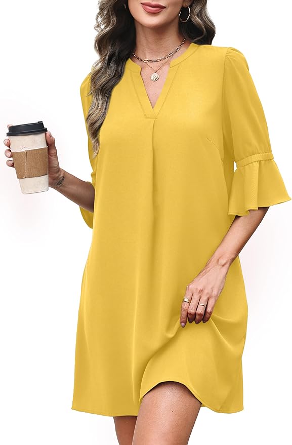 RUMIA Shift Dress for Women V Neck Ruffle Short Sleeve Loose Casual Summer Dress