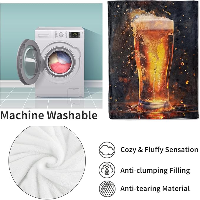 Beer Glass Art Blanket, Beer Splash and Bubbles Flannel Throw Blankets,Soft Warm Lightweight Cozy Plush Throws for Bedroom Sofa Office Home Decor Gifts for Adults Men 60"x50"