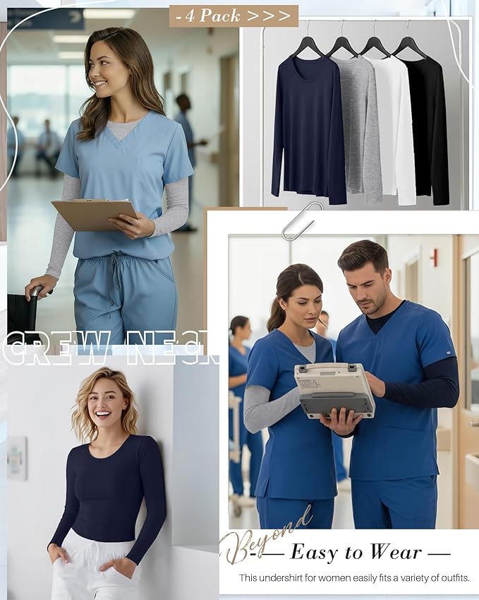 4 Pack Women's Underscrub Shirts Nurse Undershirts Long Sleeve Crewneck Slim Fit Tops Soft Stretchy Basic Tee