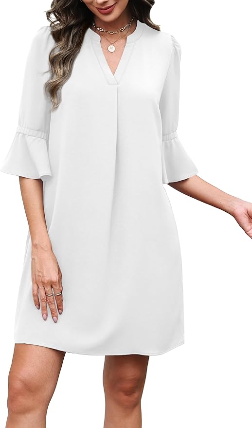 RUMIA Shift Dress for Women V Neck Ruffle Short Sleeve Loose Casual Summer Dress