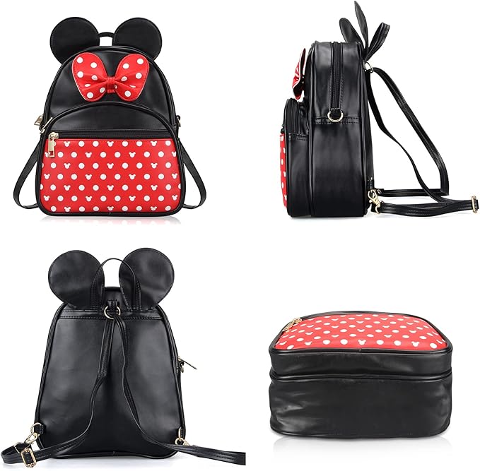 Dksyee Cute Red Backpack for Girl Bowknot Polka Dot Mini Mouse Leather Backpacks for Toddler Little Girl Backpack Kids Small Travel Backpacks Convertible Shoulder Bag Purse for Children Daypack