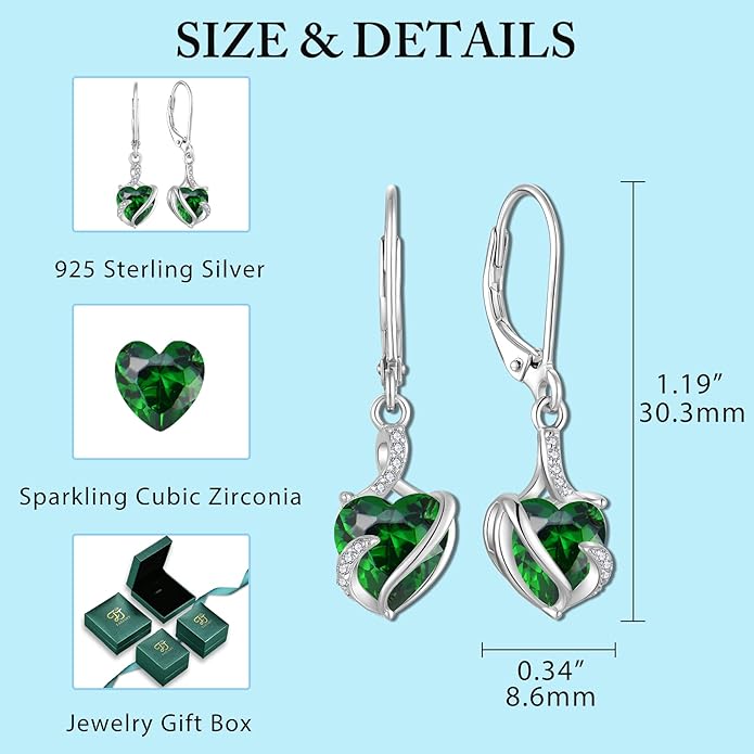 FJ Heart Jewelry Set for Women 925 Sterling Silver Emerald Necklace and Earrings Set May Birthstone Jewelry Gifts