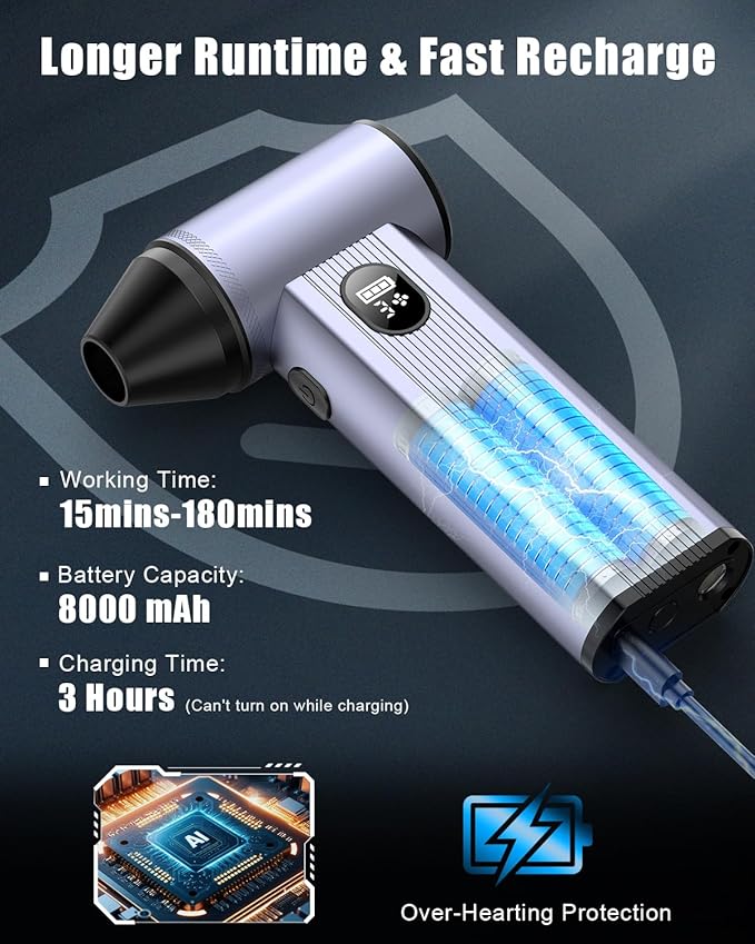 Compressed Air Duster with150,000RPM Brushless Motor, 8000mAh Battery, LED Light, 4-Gear Adjustable Electric Air Blower for Home, Car, Computer, Outdoor