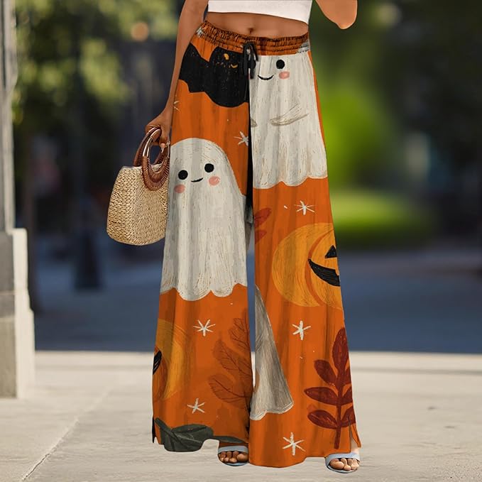 domirica Halloween Pants Women Drawstring Elastic Waist Wide Leg Pants Ladies Pumpkin Ghost Pajama Vintage Street Wear