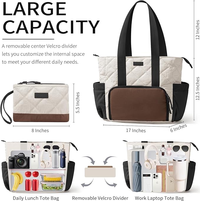 Puffer Lunch Tote Bag for Women, 15.6 Inch Laptop Work Bag with Insulated Lunch Compartment & Large Cup Holder, Lightweight Quilted Puffy Lunch Box Purse for Teacher Nurse Travel Office Daily School