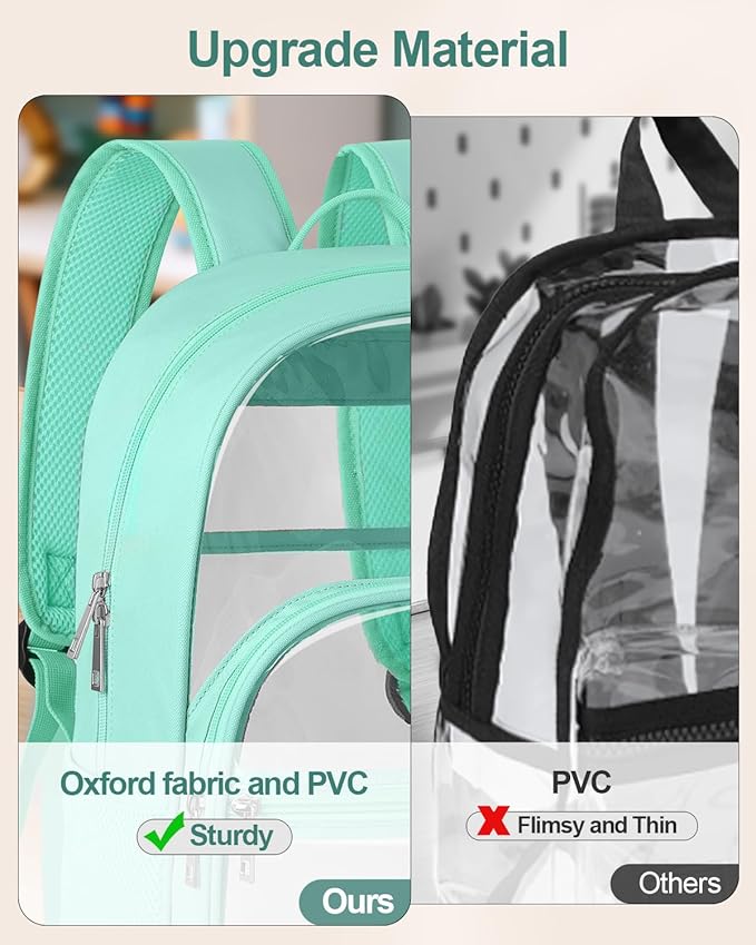 KIMNERPU Clear Backpack, Heavy Duty Transparent Bookbag for School, Fabric & PVC Transparent Backpack with Reinforced Strap for Women Men, Capacity Clear Bag for College, Turquoise