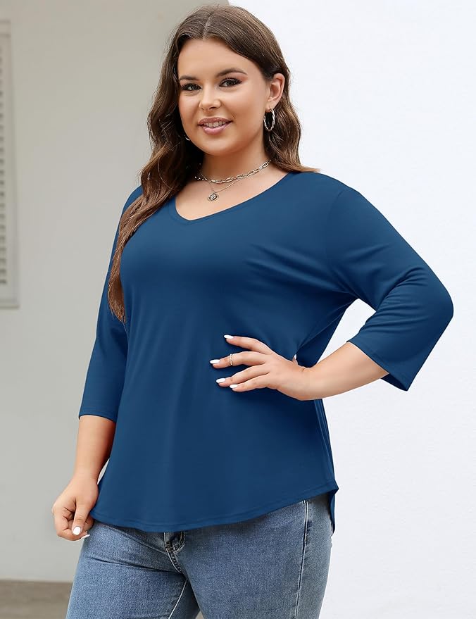 TFSDOD Womens Plus Size Tops V Neck T Shirts 3/4 Sleeve Blouse Summer Casual Tees XL-5X
