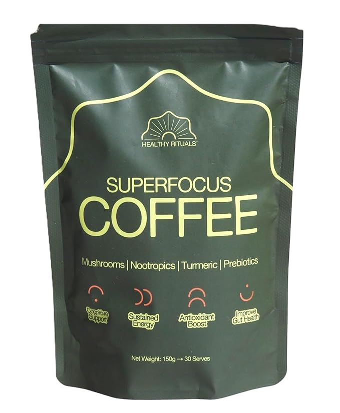 Healthy Rituals Mushroom Coffee SuperBlend Powder with Lion’s Mane, MCT Oil, L-Theanine, Turmeric, Prebiotic Fiber & L-Carnitine, Naturally Sweet, Rich & Smooth Premium Arabica Instant Coffee - 150 g