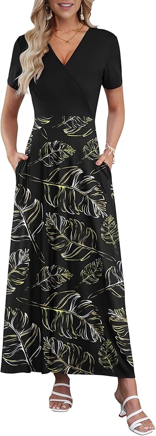 AUSELILY Maxi Dresses for Women Ankle Length Floral Print Beach Long Flowy Dress with Pockets