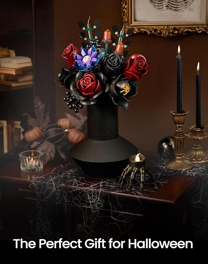 iATOM Black Burgundy Red Rose Bouquet Building Set, 12Pcs Flowers Botanical Collection Kit for Adult Women,Valentine's Day Gift for Her/Mom/Girlfriend/Wife/Couple, Gothic Home Table Centerpieces Decor
