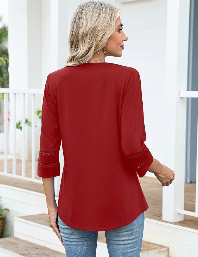 Ivicoer 3/4 Length Sleeve Womens Tops V Neck Lace Embroidered Summer Blouses Loose Fit Tunic Dressy Casual